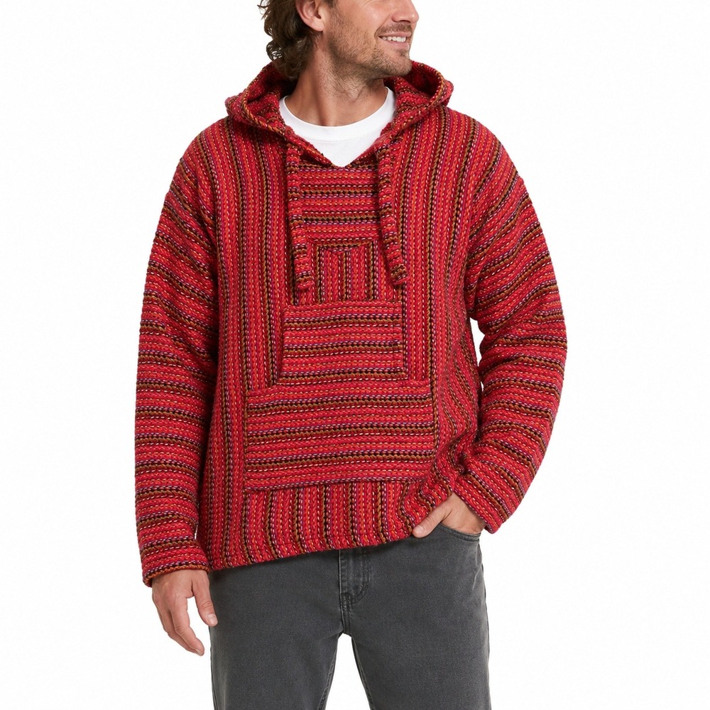 El Paso Saddleblanket Co Baja Hoodie Mens Large Red Multi Stripe Woven Pullover